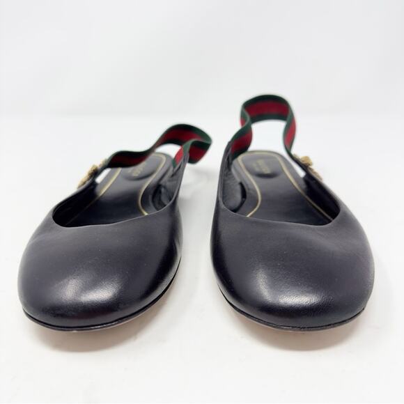 Gucci Bayadere Bee Web Stripe Black Leather Slingback Flats Size 38 - Picture 4 of 9
